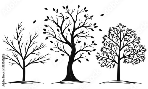 Black trees with falling leaves white nature