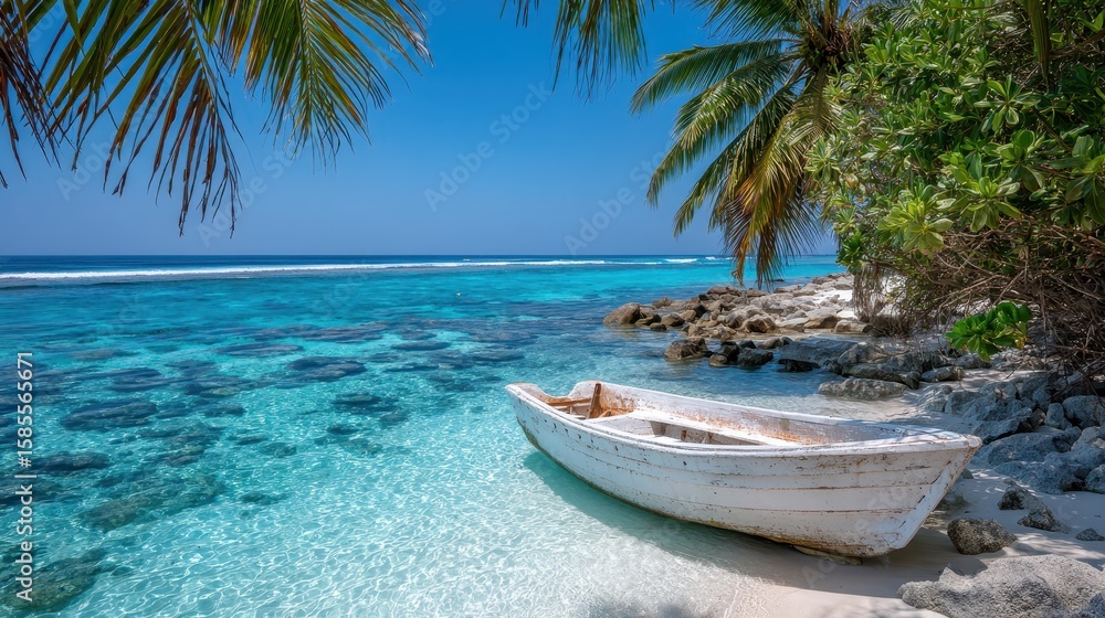 Serene tropical paradise with a weathered boat on a tranquil shore Serene tropical paradise with a weathered boat on a tranquil shore