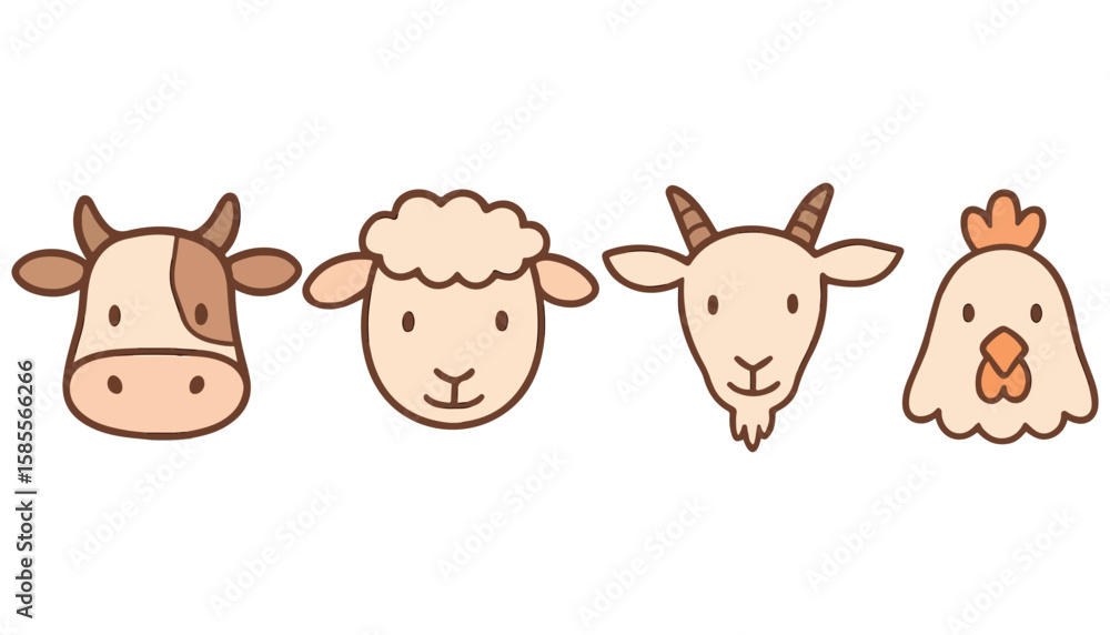 Obraz premium Farm Animal Face Icons Set - Cow, Sheep, Goat, Chicken, Pig, Cute Line Drawings