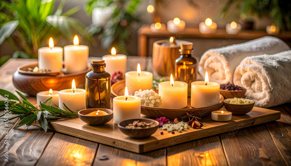Fototapeta premium Spa Relaxation Setting with Lit Candles and Essential Oils