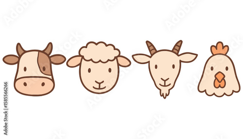 Farm Animal Face Icons Set - Cow, Sheep, Goat, Chicken, Pig, Cute Line Drawings

