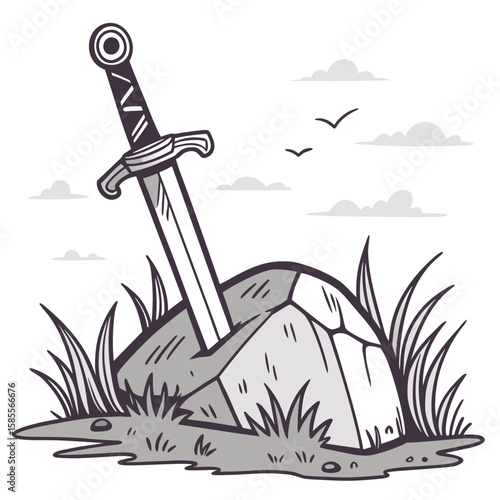 Legendary Sword Embedded in Stone Awaiting a Worthy Hero's Grasp