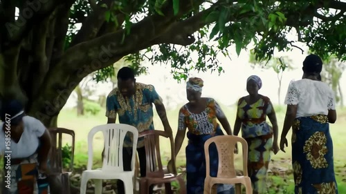 Joyful African community in traditional attire arranging chairs for an outdoor village gathering under a large tree