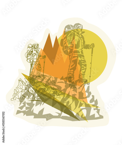 Man on the top of the mountain minimalistic concept for mountain tourism
