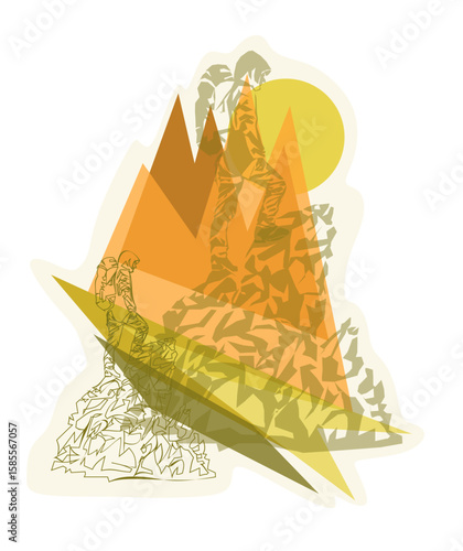Man on the top of the mountain minimalistic concept for mountain tourism