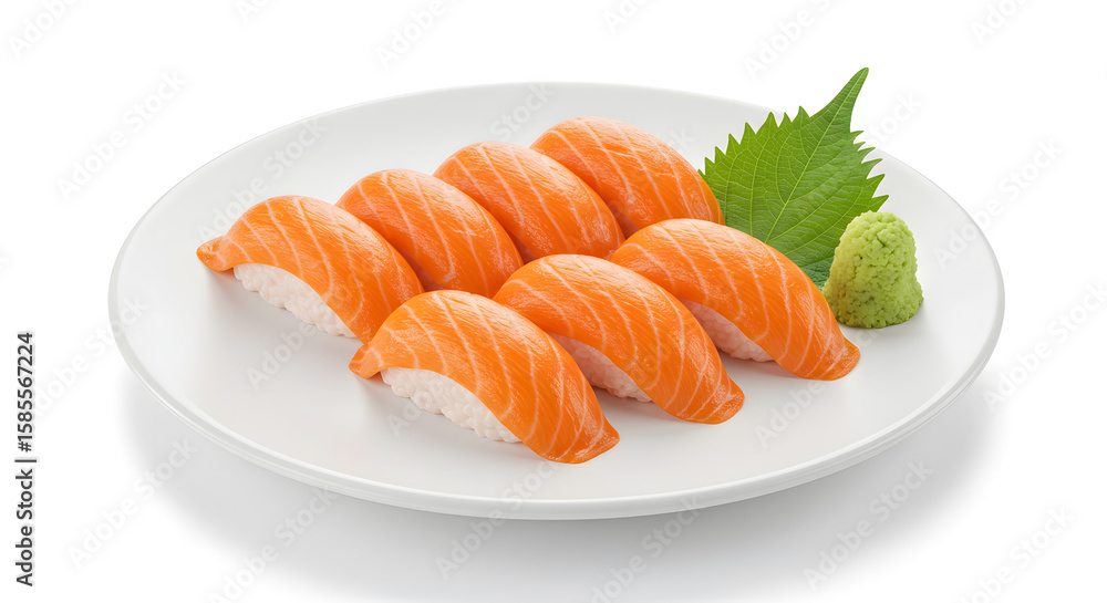 Delicious Salmon Nigiri Sushi Platter with Wasabi and Shiso Leaf Delicious Salmon Nigiri Sushi Platter with Wasabi and Shiso Leaf