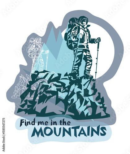 Man on the top of the mountain minimalistic concept for mountain tourism
