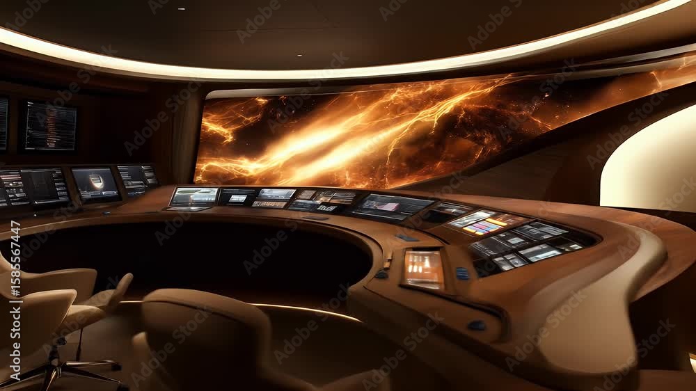 Vidéo Stock Modern, curved command center interior with multiple ...