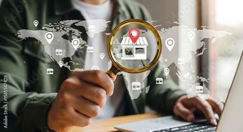 Find local business online store shop location map with magnifying glass and laptop use