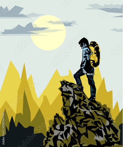 Man on the top of the mountain looks at the beautiful landscape of the mountains.