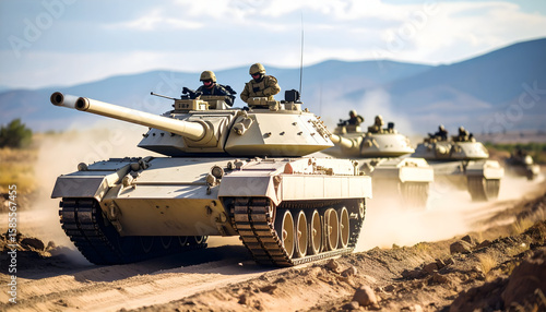 Military Tanks Moving Across a Desert Landscape