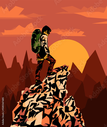 Man on the top of the mountain looks at the beautiful landscape of the mountains.