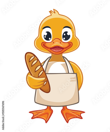 Happy Duck Baker Holding Baguette in Apron