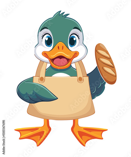 Charming Duck Holding Baguette in Shopping Bag
