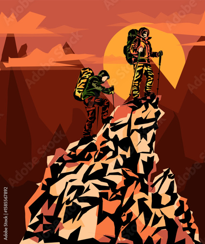 A group of men on the top of the mountain looks at the beautiful landscape of the mountains.