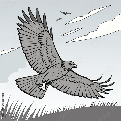 Majestic Bird of Prey Soars Through the Sky Above Grassy Plains