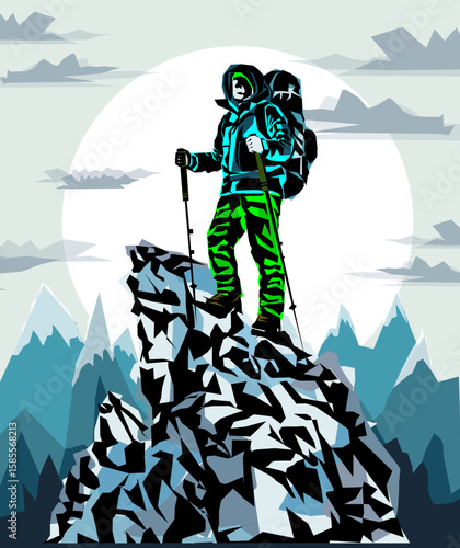 Man on the top of the mountain looks at the beautiful landscape of the mountains.