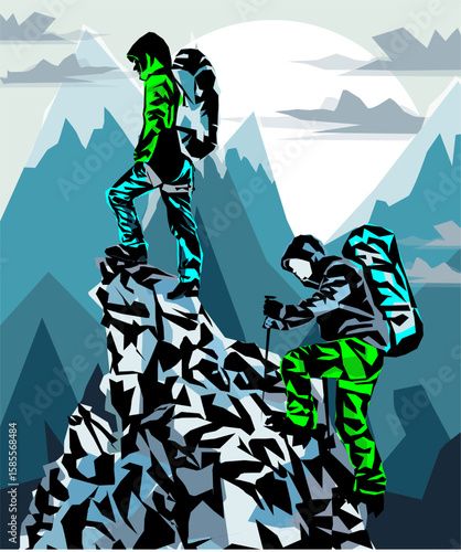 A group of men on the top of the mountain looks at the beautiful landscape of the mountains.