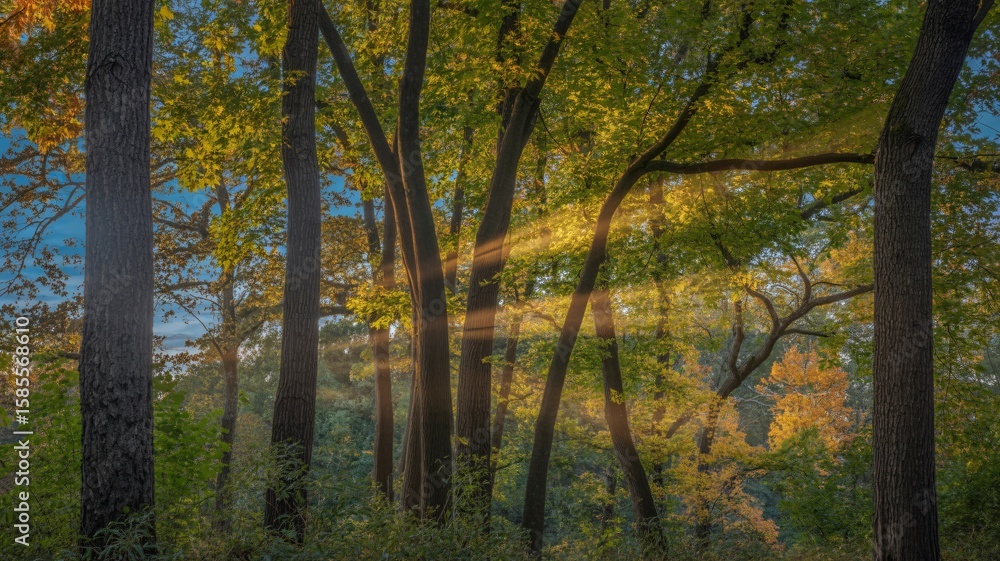 Obraz premium Golden sunbeams illuminate a tranquil forest scene in autumn