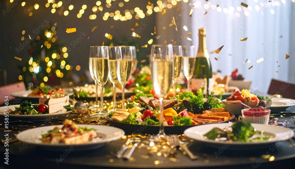Fototapeta premium Festive table setting with champagne glasses, plates of food, and falling confetti, creating a celebratory atmosphere.