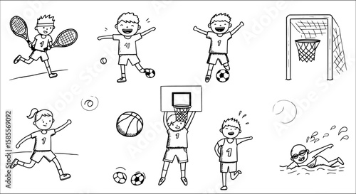 Energetic black and white doodle set of children playing various sports: tennis, soccer, basketball, and swimming, including sports equipment and goals.