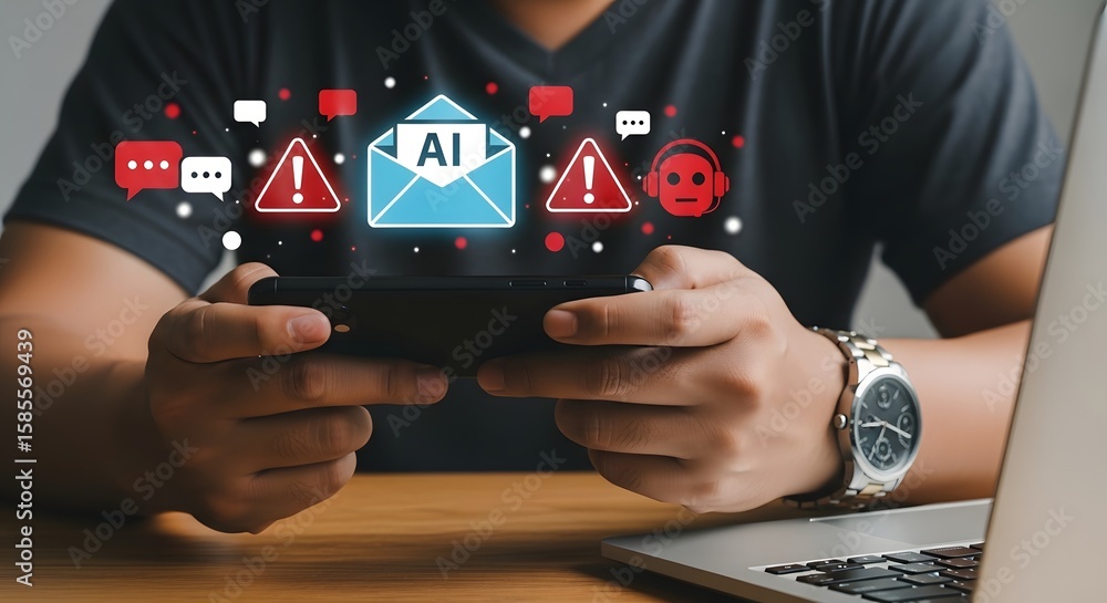 Fototapeta premium Ai email security threat detection concept on mobile phone with notification alerts online