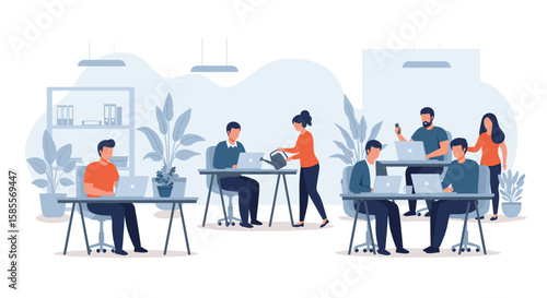 A modern flat illustration depicting a diverse group of people working collaboratively in an open-plan office environment, showcasing teamwork and productivity.