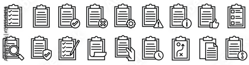 Clipboard, checklist, report, survey or agreement editable stroke outline icons set isolated on white background flat vector illustration.  vector stock
