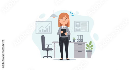 A worried businesswoman stands in a modern office, holding a clipboard and looking stressed amidst her daily workplace challenges.