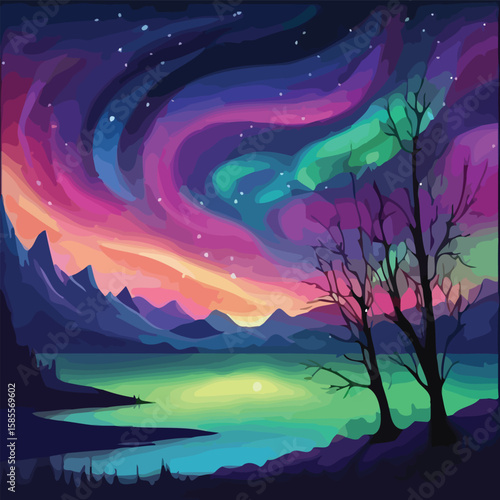 Vibrant aurora borealis illuminates a serene lake surrounded by silhouetted mountains and trees under a starry night sky.