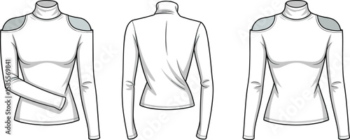 Stylish turtleneck top flat sketch, CAD drawing, fashion design illustration, white garment, shoulder cutouts, apparel vector