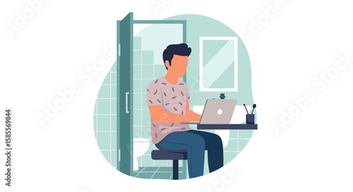 A focused man in a casual shirt diligently works on his laptop, illustrating the modern concept of remote work from an unconventional home office space.