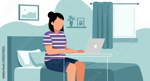 A woman sits comfortably on her bed, diligently working on her laptop in a cozy bedroom setting, depicted in a modern flat illustration style.