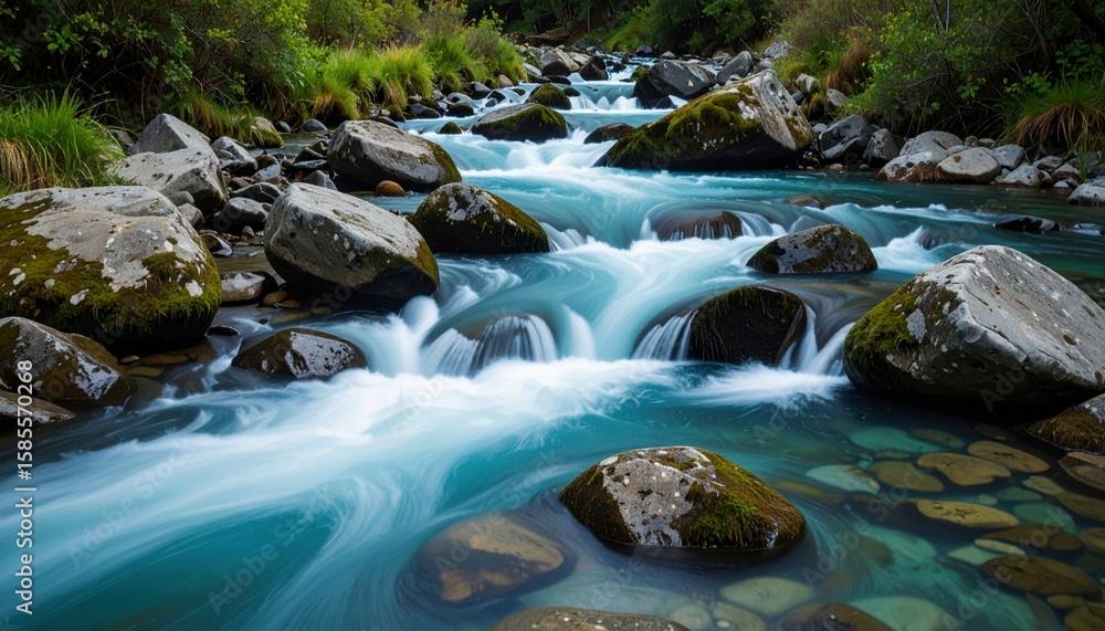 Fototapeta premium Crystal Clear River Winding Through Rocks And Lush Forest