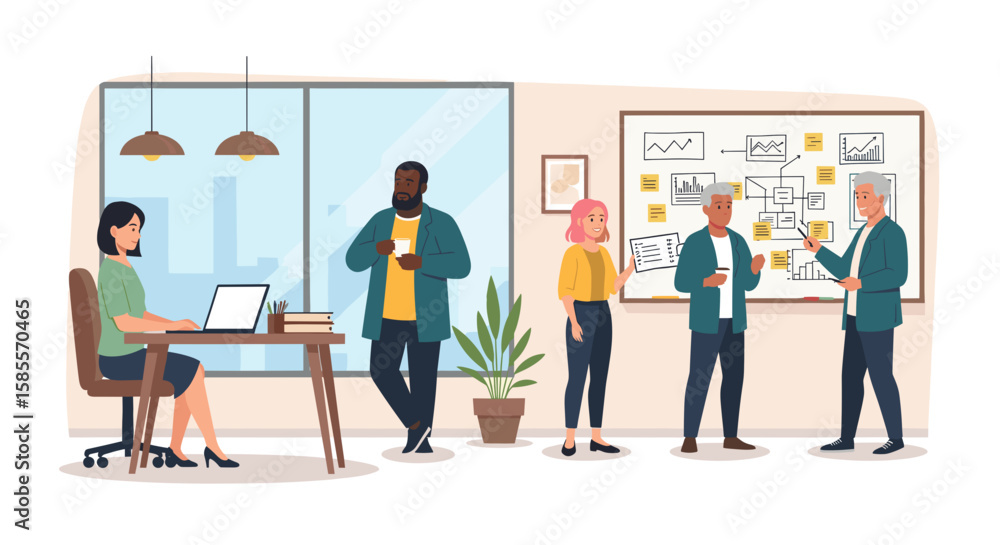 Fototapeta premium A diverse group of professionals collaborates and discusses ideas in a modern, brightly lit office environment, fostering innovation and teamwork.