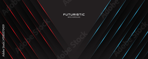 3D black techno abstract background overlap layer on dark space with red blue lights effect decoration. Modern graphic design element cutout lines style concept for web, flyer, card, or brochure cover