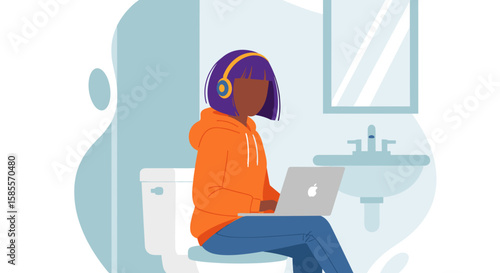 A person with purple hair wearing headphones sits on a toilet while working on a laptop, illustrating remote work or multitasking in a home bathroom setting.