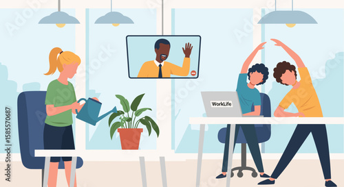 A dynamic modern office environment illustrates diverse employees engaged in various activities including plant care, stretching, and remote video calls.