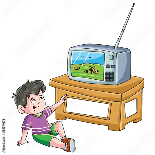 Cute cartoon hand drawn vector boy looking TV clipart.
