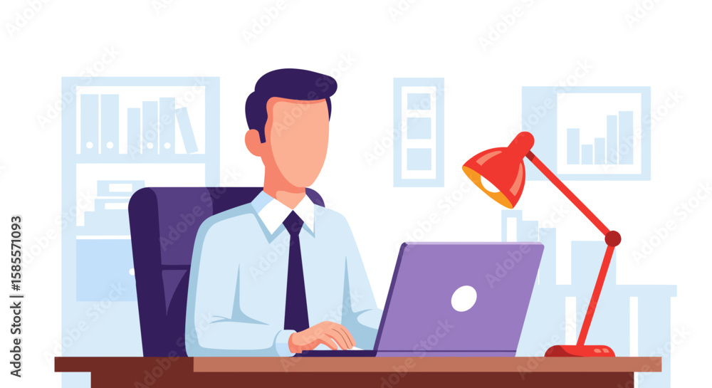 Fototapeta premium A faceless businessman sits at his desk, working on a laptop with a red lamp illuminating his workspace in a modern, clean office setting.