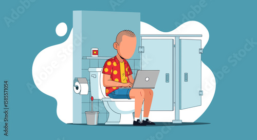 An illustrated man uses a laptop while sitting on a toilet in a public restroom, showcasing a modern lifestyle and the impact of technology.