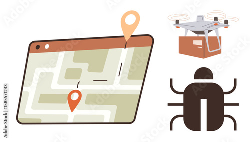 Drone carrying a package, GPS map displaying pinned location, and bug symbolizing technology issues. Ideal for logistics, navigation, delivery, technology, troubleshooting, innovation optimization