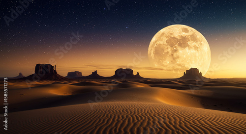 Gigantic moon illuminates desert sand dunes and iconic rock formations under starry sky