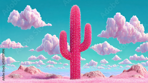 Cactus cartoon, Cartoon cactus waving from mountain top in vibrant 3D illustration.