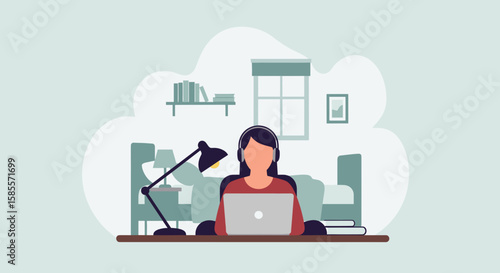 A faceless female character is depicted working at a desk with a laptop in a simplified, vector-style illustration of a home office setup, promoting remote work.