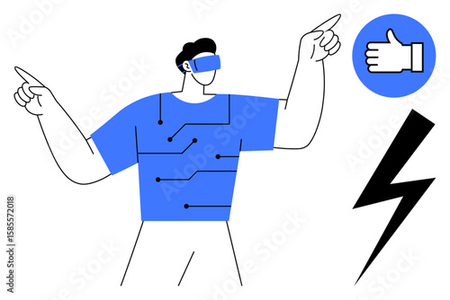 User wearing a virtual reality headset and tech-patterned shirt, gesturing energetically. Signals concepts of innovation, future tech, VR, electron flow, creativity, energy, simple landing page