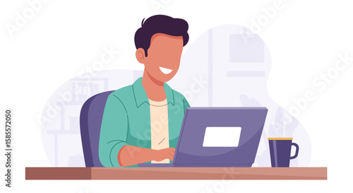 A cheerful person in a teal shirt productively works on their laptop at a desk, illustrating modern remote work or online education.