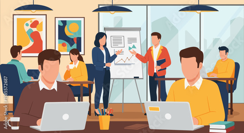 Professionals collaborate in a modern office setting during a training session, with a presenter explaining data on a whiteboard to attentive colleagues.