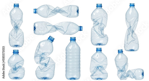 A striking studio shot showcases a collection of crushed and uncrushed plastic bottles against a transparent background, illustrating waste and the need for recycling.