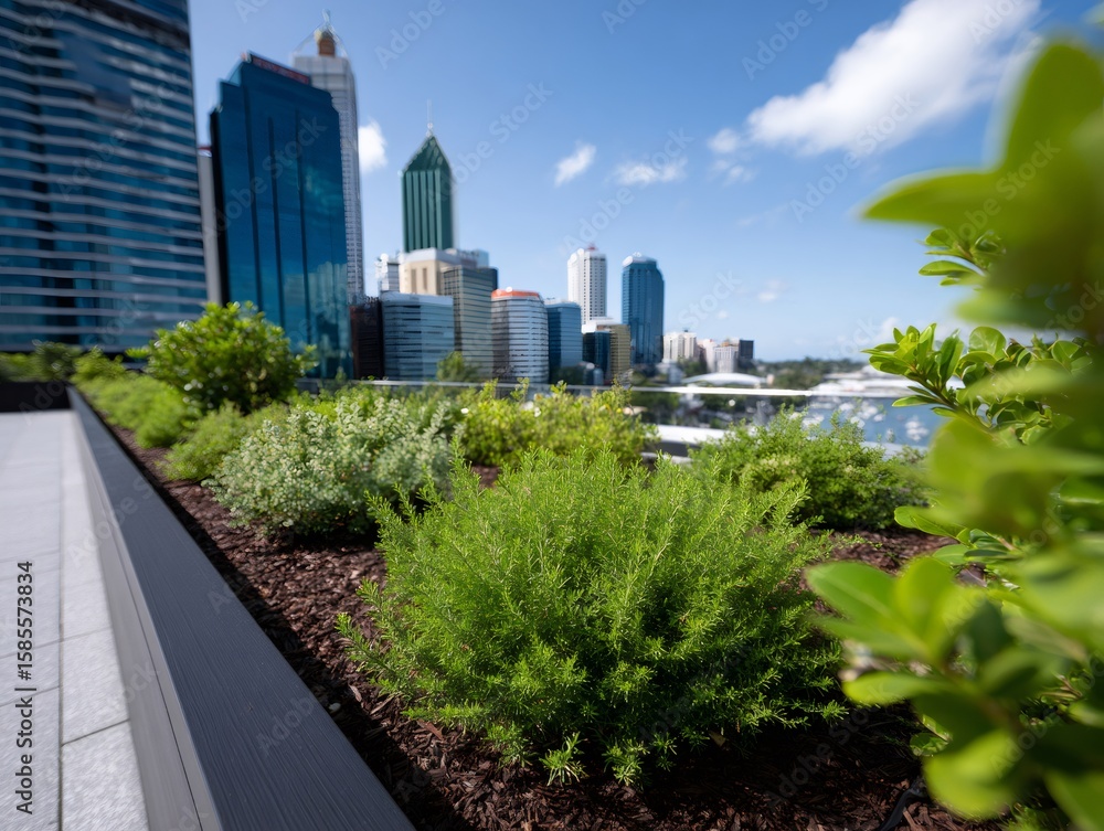 Fototapeta premium Green rooftop garden enhancing city skyline promoting sustainable urban living